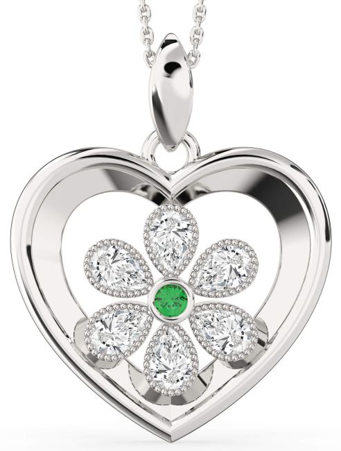 Emerald Platinum Heart Flower Necklace