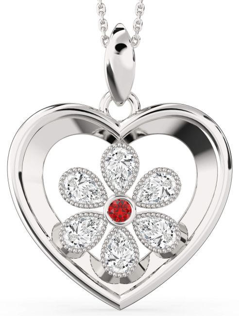 Diamond & Ruby Silver Heart Flower Necklace