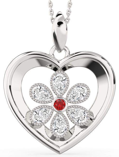 Ruby Silver Heart Flower Necklace