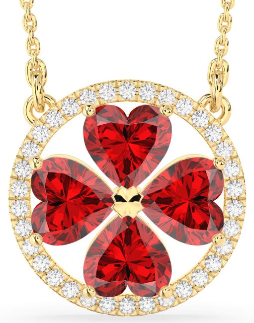 Diamond Ruby Gold Clover Necklace