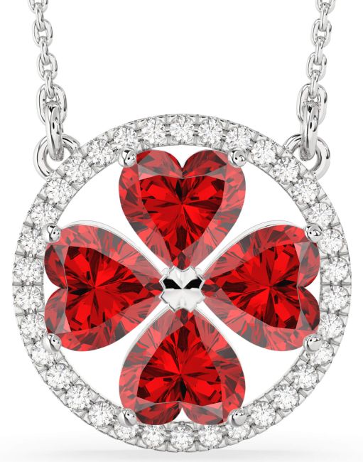 Diamond Ruby Silver Clover Necklace
