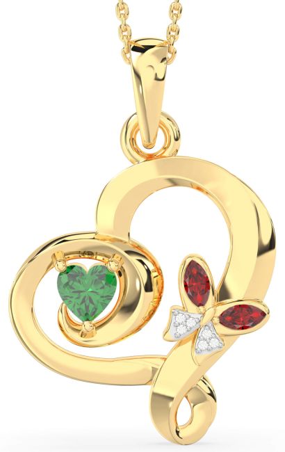 Diamond Emerald & Ruby Gold Heart Butterfly Necklace
