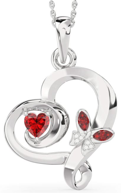 Diamond Ruby Silver Heart Butterfly Necklace