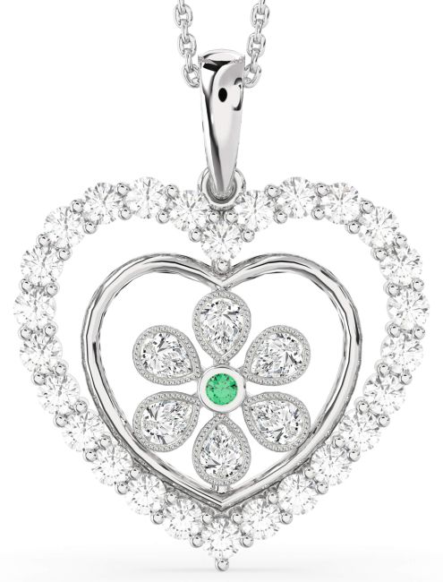 Diamond Emerald Silver Heart Flower Necklace