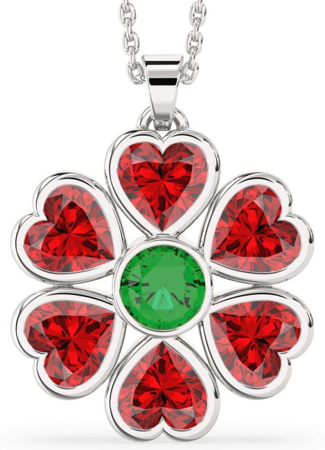 Emerald & Ruby Silver Flower Heart Necklace