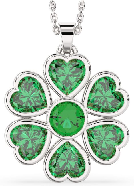 Emerald Silver Flower Heart Necklace