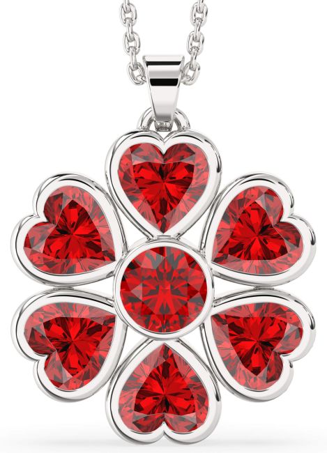 Ruby Silver Flower Heart Necklace