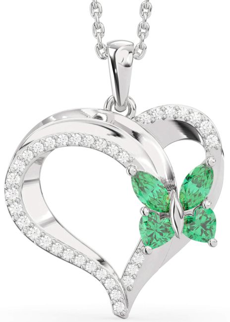 Diamond Emerald Silver Heart Necklace