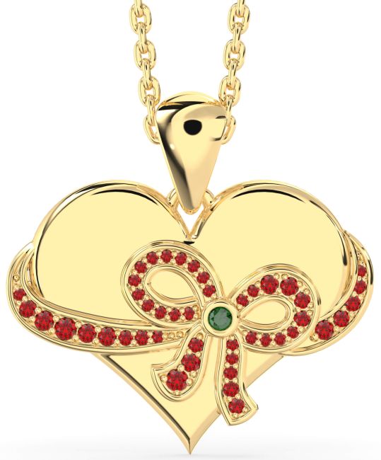 Emerald & Ruby Gold Heart Bow Necklace