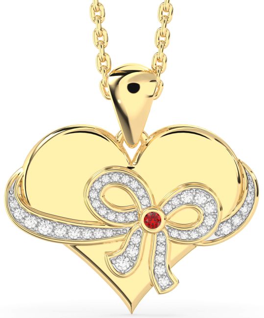 Ruby Gold Heart Bow Necklace