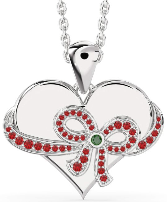 Emerald & Ruby Platinum Heart Bow Necklace