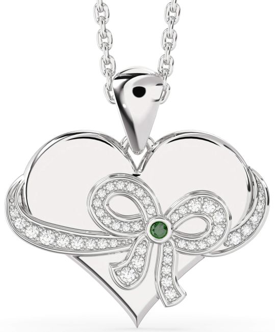 Emerald Silver Heart Bow Necklace
