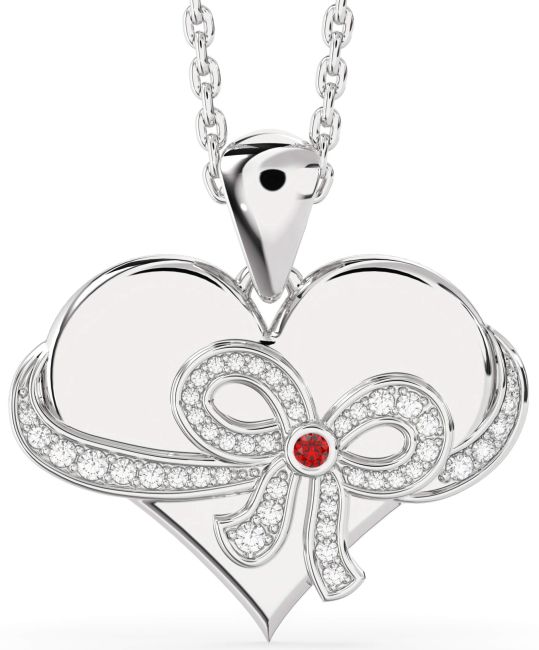 Ruby Platinum Heart Bow Necklace