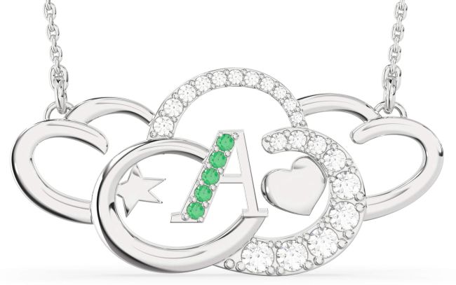 Large Diamond Emerald Platinum Heart Initial Necklace