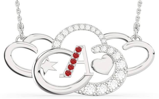 Large Diamond Ruby Platinum Heart Initial Necklace