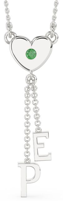 Large Emerald Platinum Heart Initial Necklace