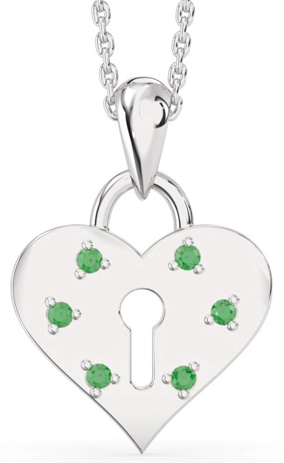 Emerald Platinum Heart Lock Necklace
