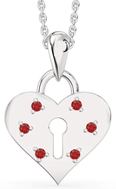 Ruby Silver Heart Lock Necklace