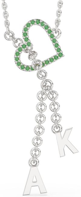 Large Emerald Platinum Heart Initial Necklace