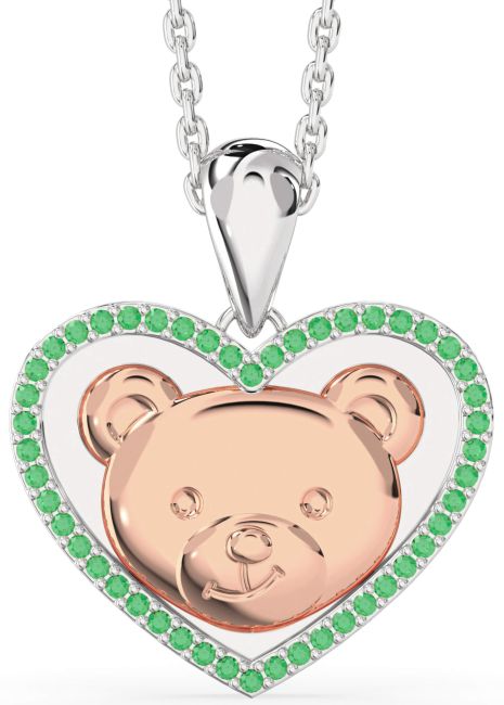 Emerald Rose Gold Silver Heart Teddy Necklace