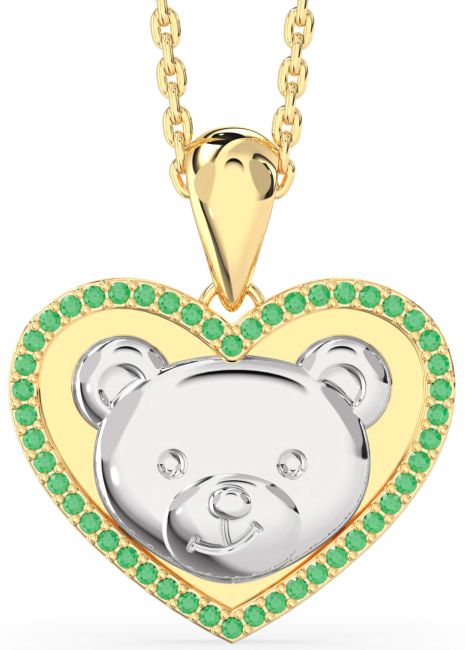 Emerald Gold Silver Heart Teddy Necklace