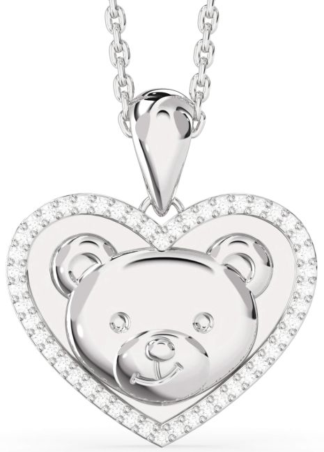 Diamond Silver Heart Teddy Necklace