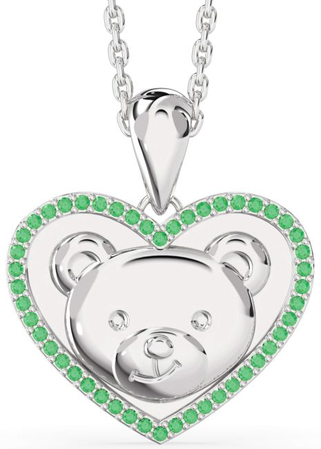 Emerald Platinum Heart Teddy Necklace
