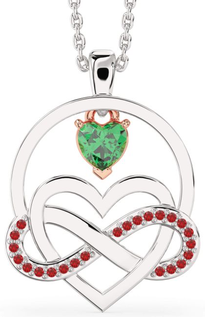 Emerald & Ruby White Rose Gold Infinity Heart Necklace