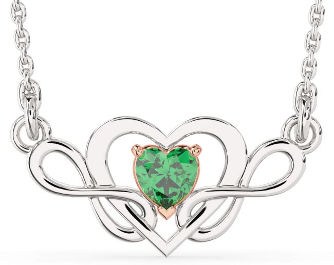 Emerald Silver & 10K Rose Gold Heart Infinity Necklace