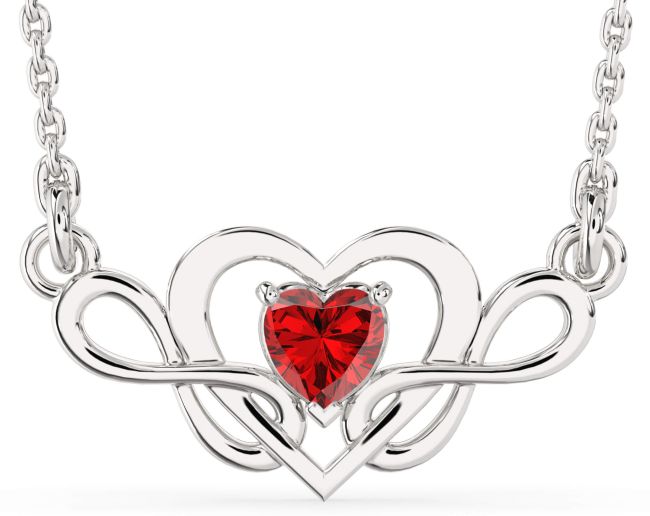 Ruby Silver Heart Infinity Necklace