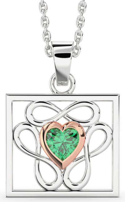 Emerald Silver & 10K Rose Gold Square Heart Infinity Necklace