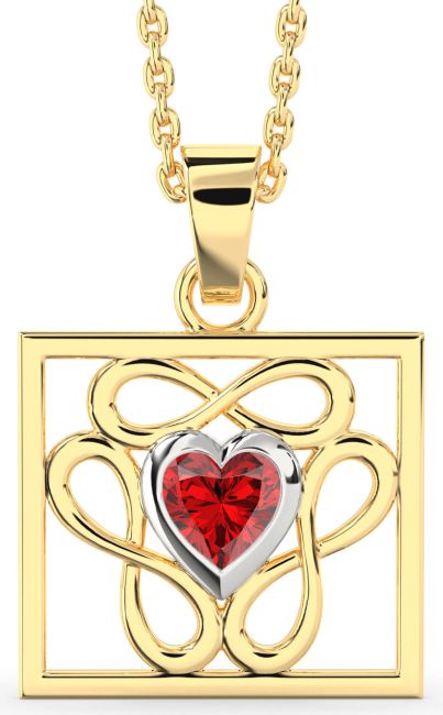 Ruby White Yellow Gold Square Heart Infinity Necklace