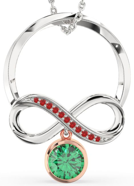 Emerald & Ruby White Rose Gold Infinity Necklace