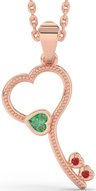 Emerald & Ruby Rose Gold Key Heart Necklace