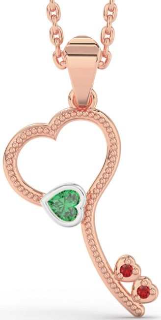 Emerald & Ruby White Rose Gold Key Heart Necklace
