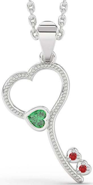 Emerald & Ruby Platinum Key Heart Necklace