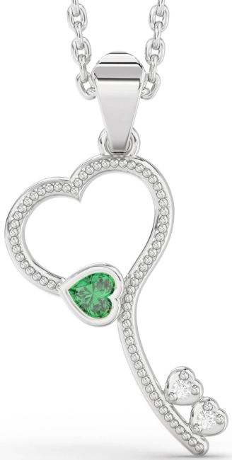 Emerald Platinum Key Heart Necklace