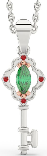 Emerald & Ruby Silver & 10K Rose Gold Key Necklace