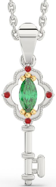 Emerald & Ruby Platinum & Yellow Gold Key Necklace