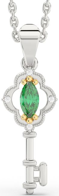 Emerald Gold Silver Key Necklace
