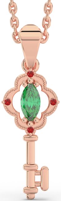 Emerald & Ruby Rose Gold Silver Key Necklace