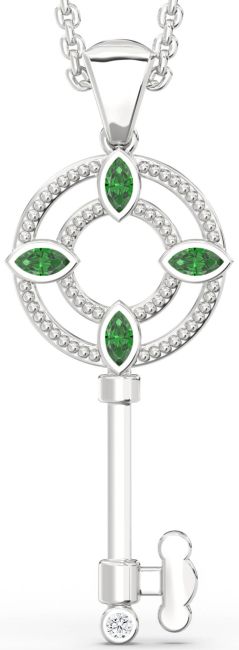 Large Diamond Emerald Silver Key Necklace