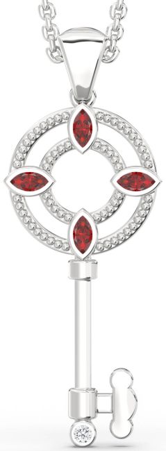Large Diamond Ruby Silver Key Necklace