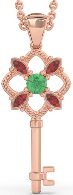 Large Emerald & Ruby Rose Gold Key Necklace