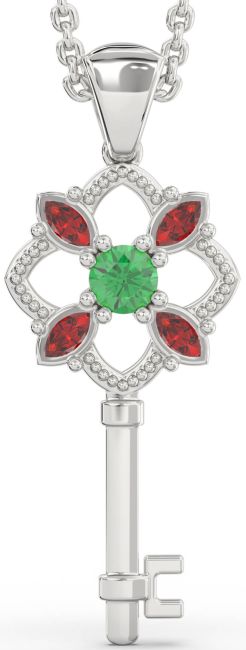 Large Emerald & Ruby Platinum Key Necklace