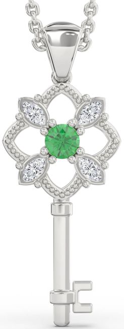 Large Emerald Platinum Key Necklace