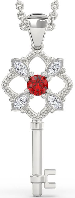Large Diamond & Ruby Platinum Key Necklace