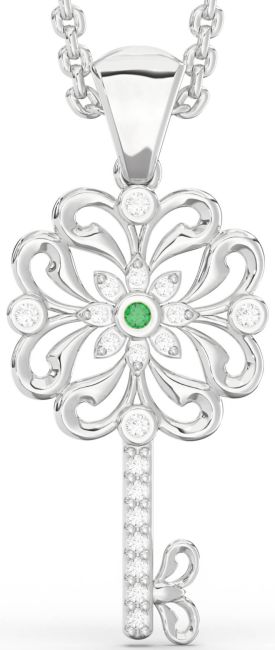 Diamond Emerald Platinum Key Necklace