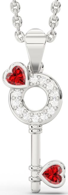 Diamond Ruby Silver Key Birthstone Necklace