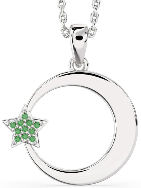 Emerald Platinum Crescent Moon Star Necklace